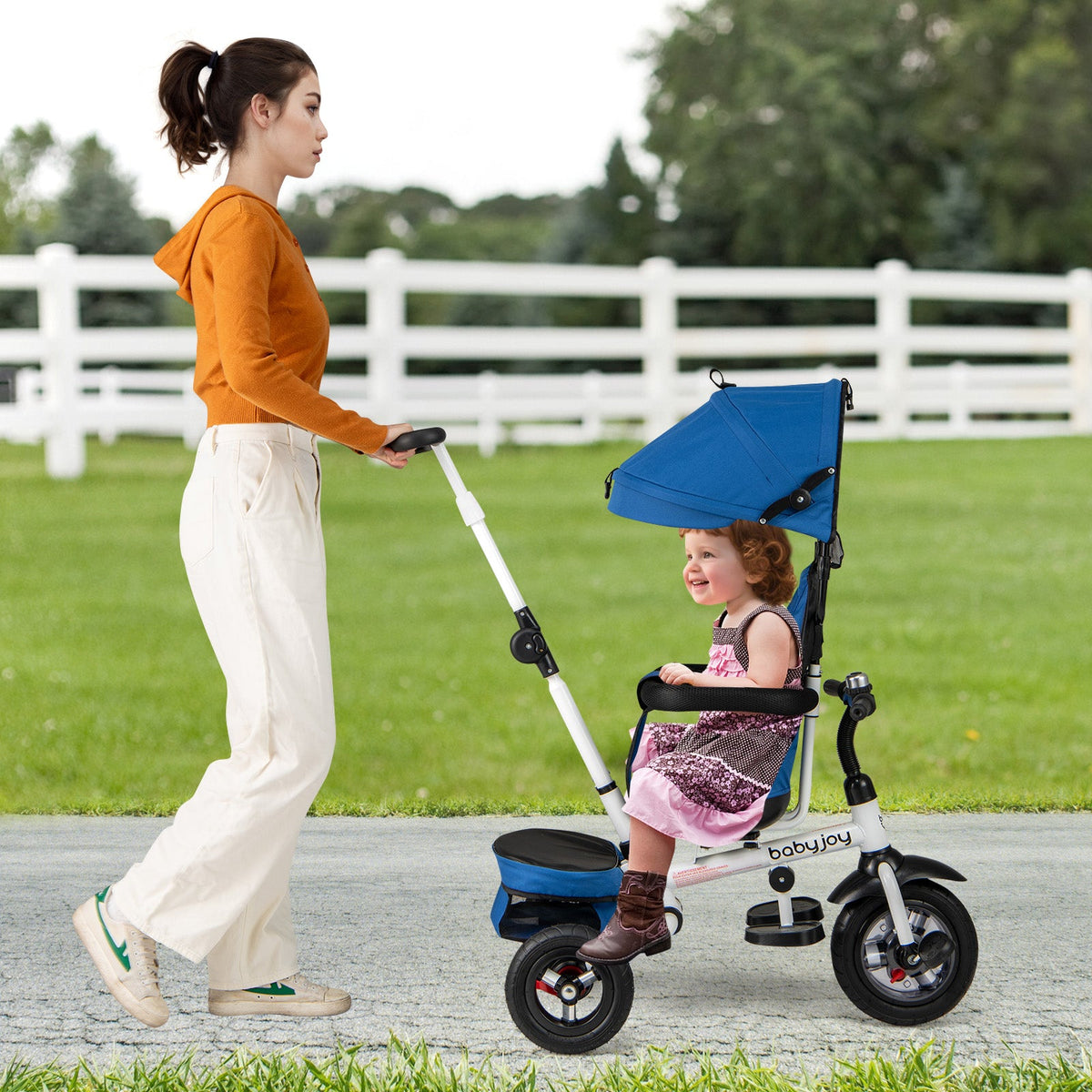 Folding Tricycle Baby Stroller with Reversible Seat and Adjustable Canopy-Blue