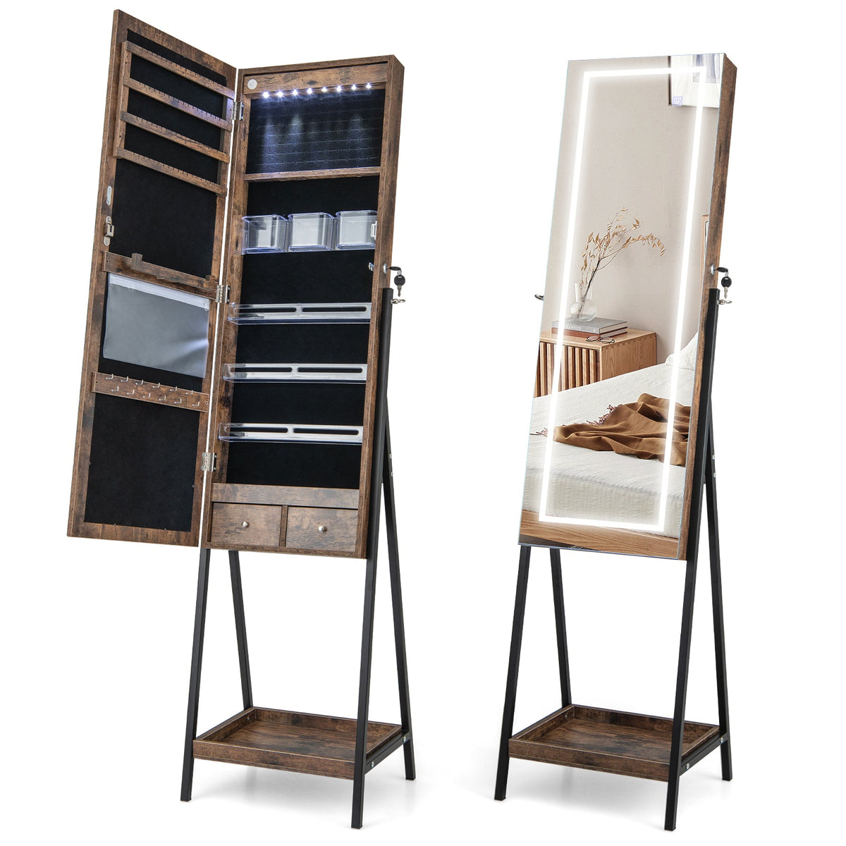 LED Standing Jewelry Mirror Cabinet with 3-Color Lighted Full-Length Mirror