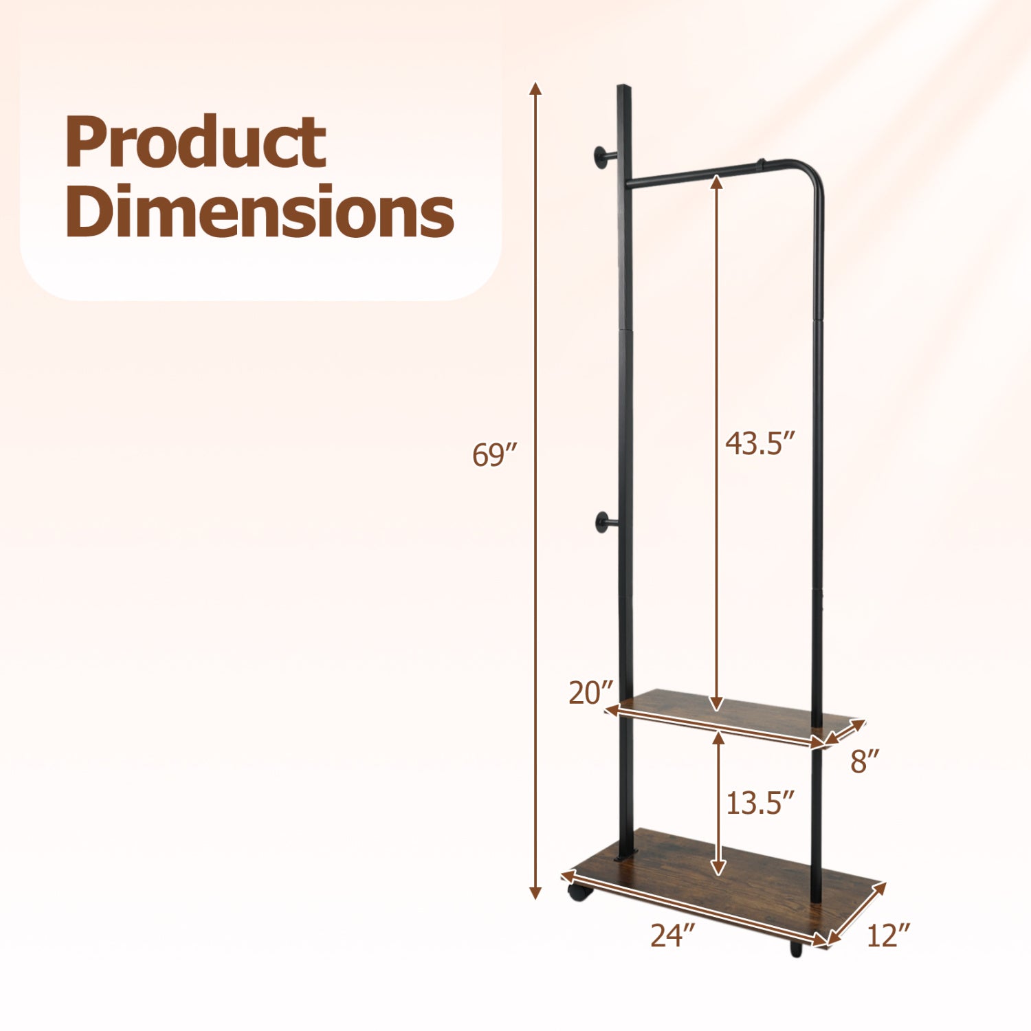 Freestanding Clothing Rack with Wheels and Storage Shelves for Entryway and Bedroom