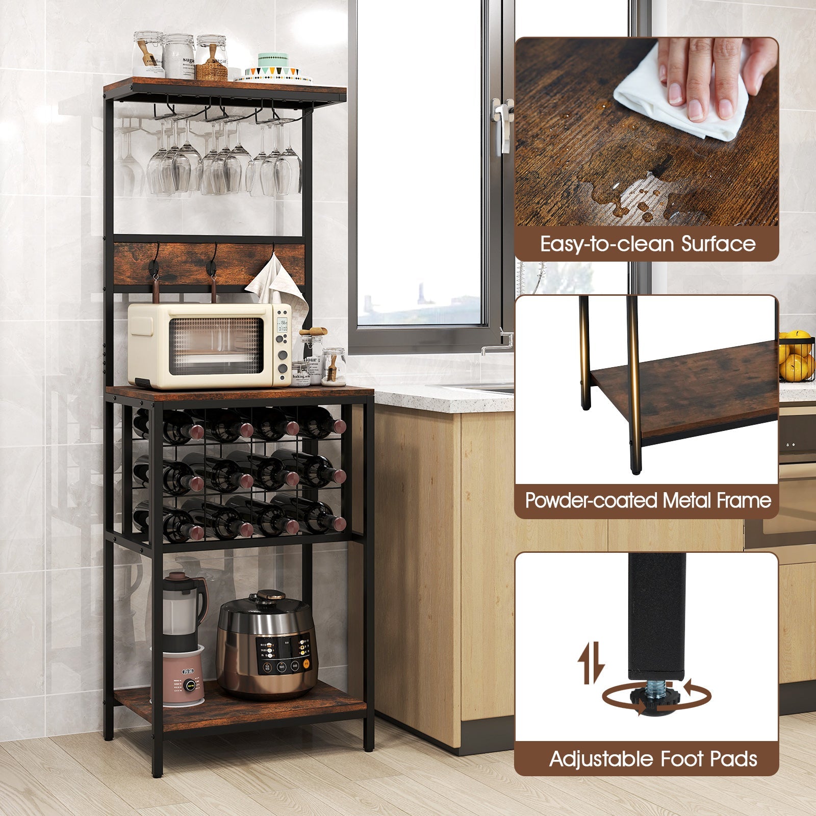 Freestanding Wine Rack Floor Wine Bar Cabinet with Glass Racks-Rustic Brown