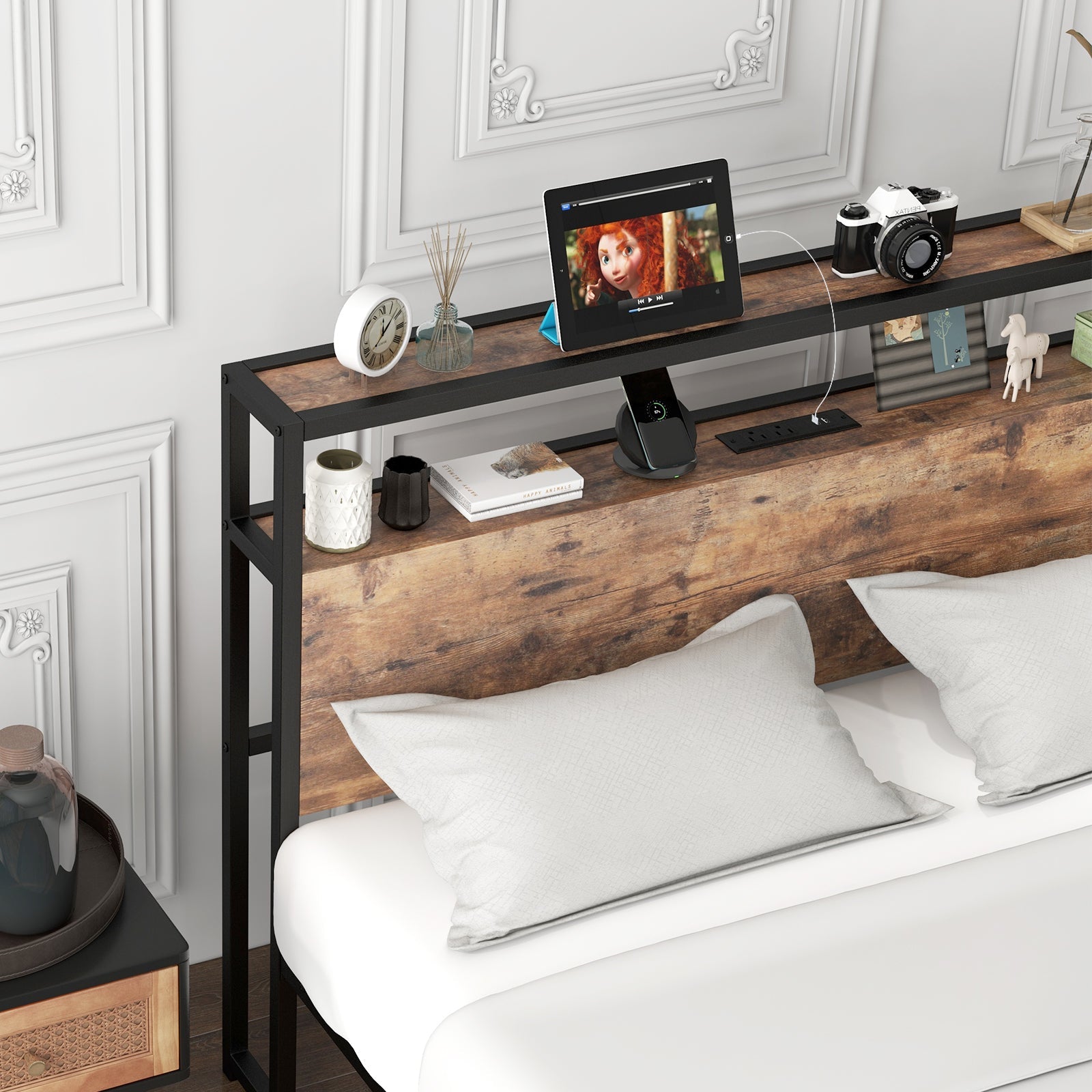 Full/Queen Bed Frame with 2-Tier Storage Headboard and Charging Station-Full Size