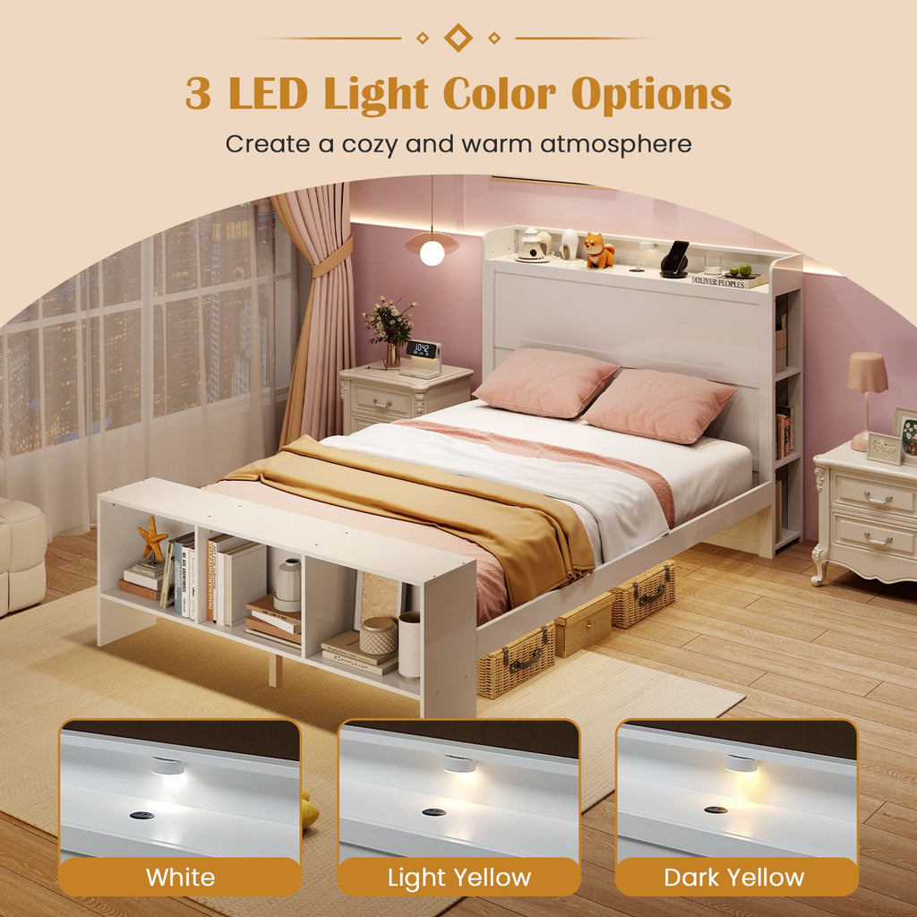 Full Size Bed Frame with 2 USB Ports with Storage Headboard and Lights-Full Size