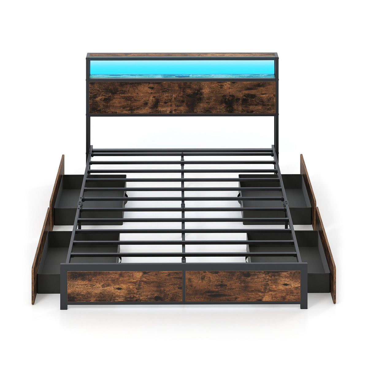 Full/Queen Size LED Bed Frame with Charging Station and 4 Storage Drawers