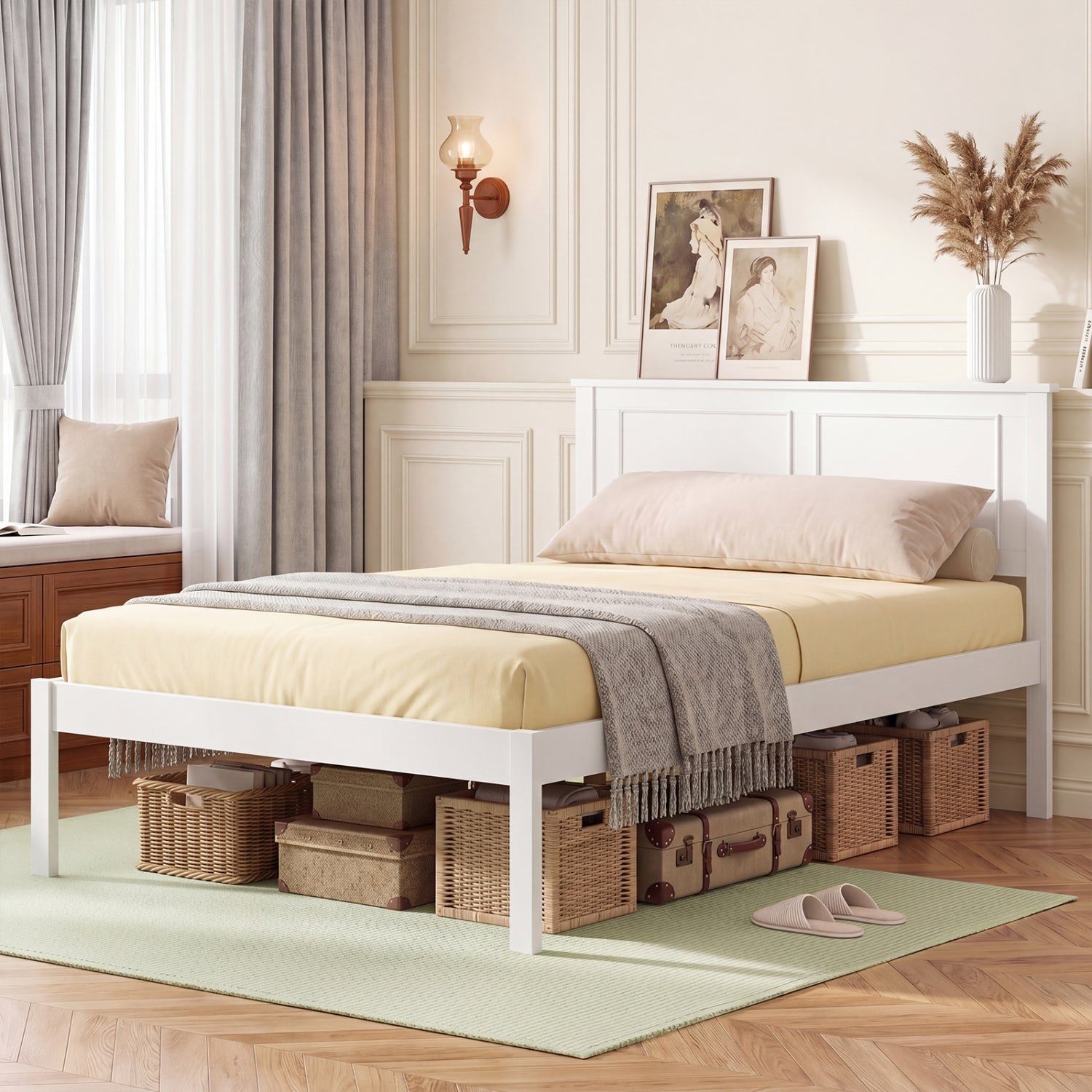 Full/Queen/Twin Size Bed Frame Farmhouse Wooden Platform Bed with Headboard White
