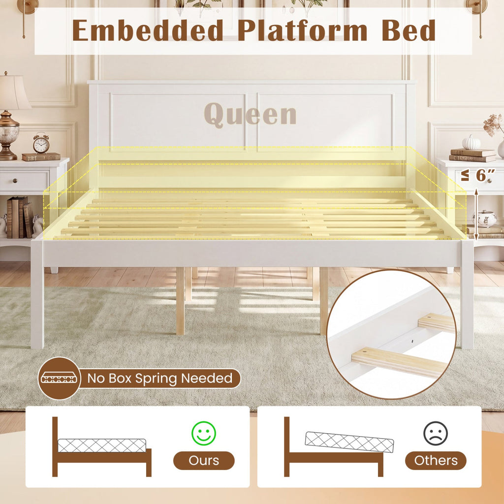 Full/Queen/Twin Size Bed Frame Farmhouse Wooden Platform Bed with Headboard White