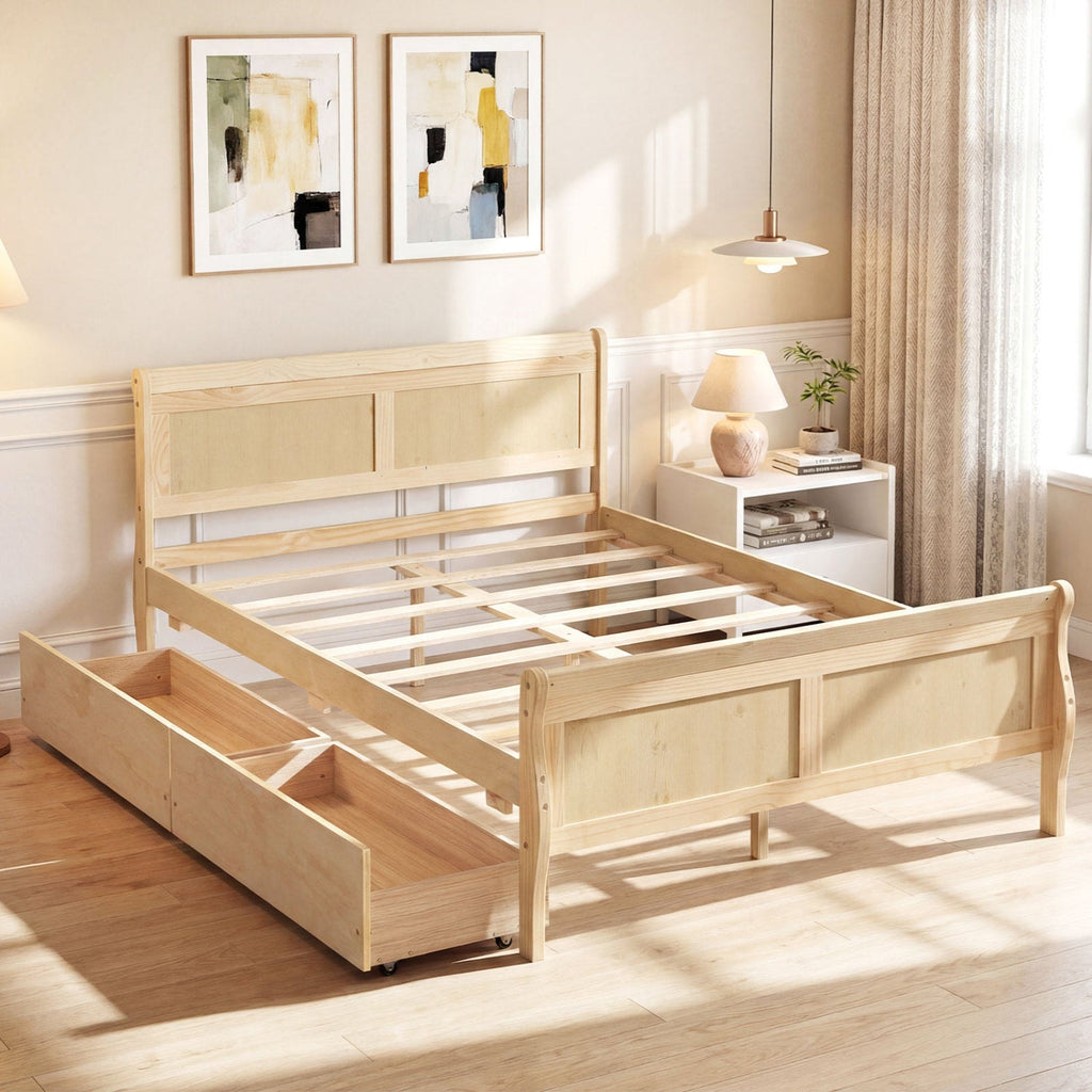 Full Size Bed Frame with 2 Storage Drawers and Footboard for Kids Teens Adults