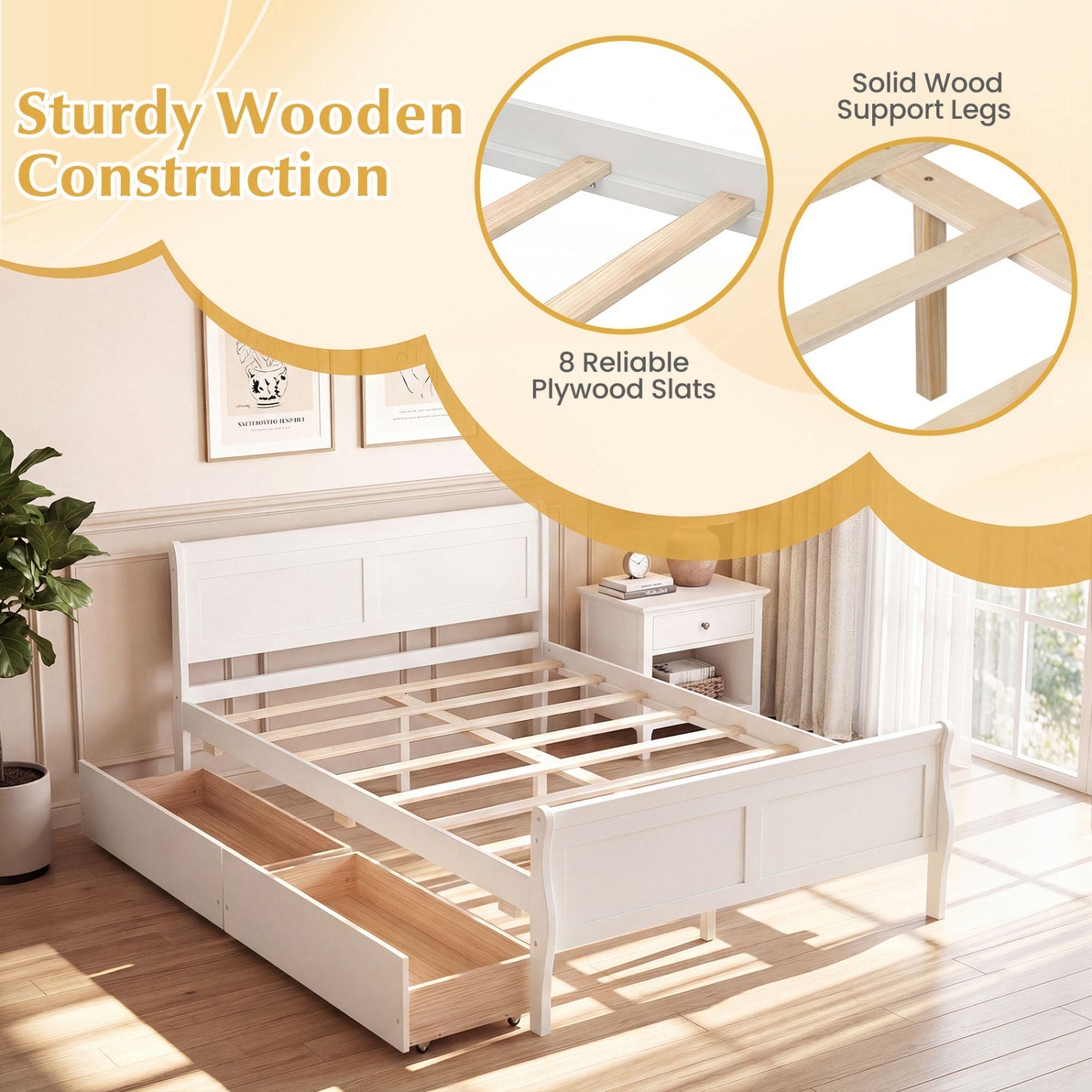 Full Size Bed Frame with 2 Storage Drawers and Footboard for Kids Teens Adults