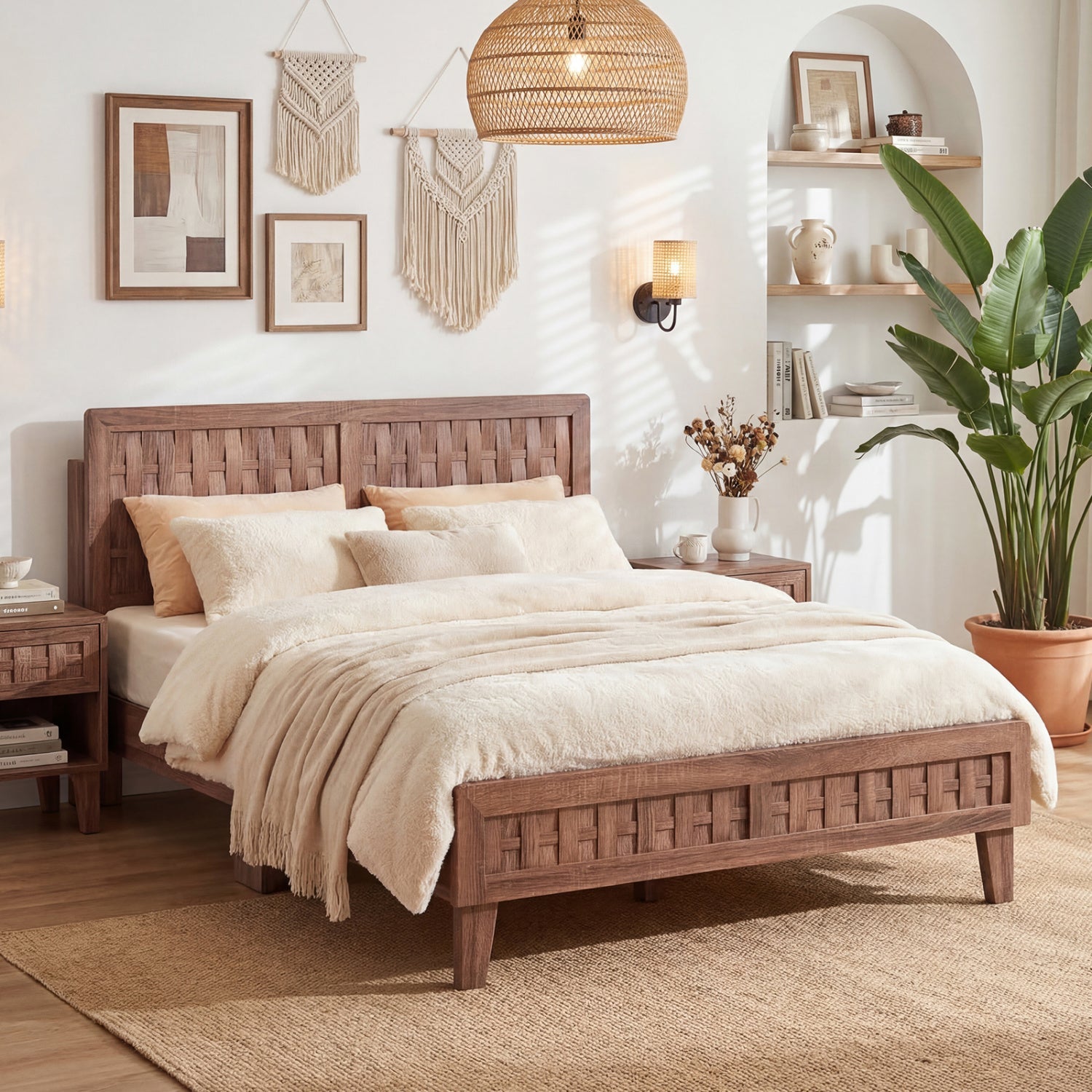 Twin Size Bed Frame Mid Century with Woven Accent Headboard