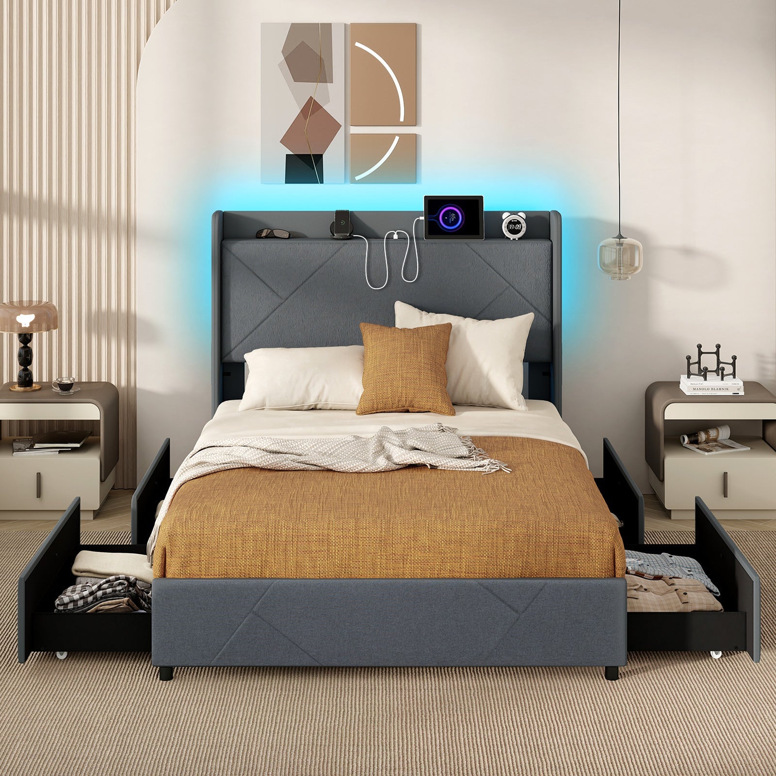Full/Queen Size Bed Frame with LED Lights and Charging Station-Full Size