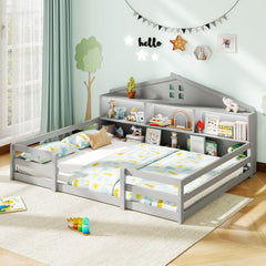 Full Size Montessori Floor Bed with Storage Compartments and Shelf
