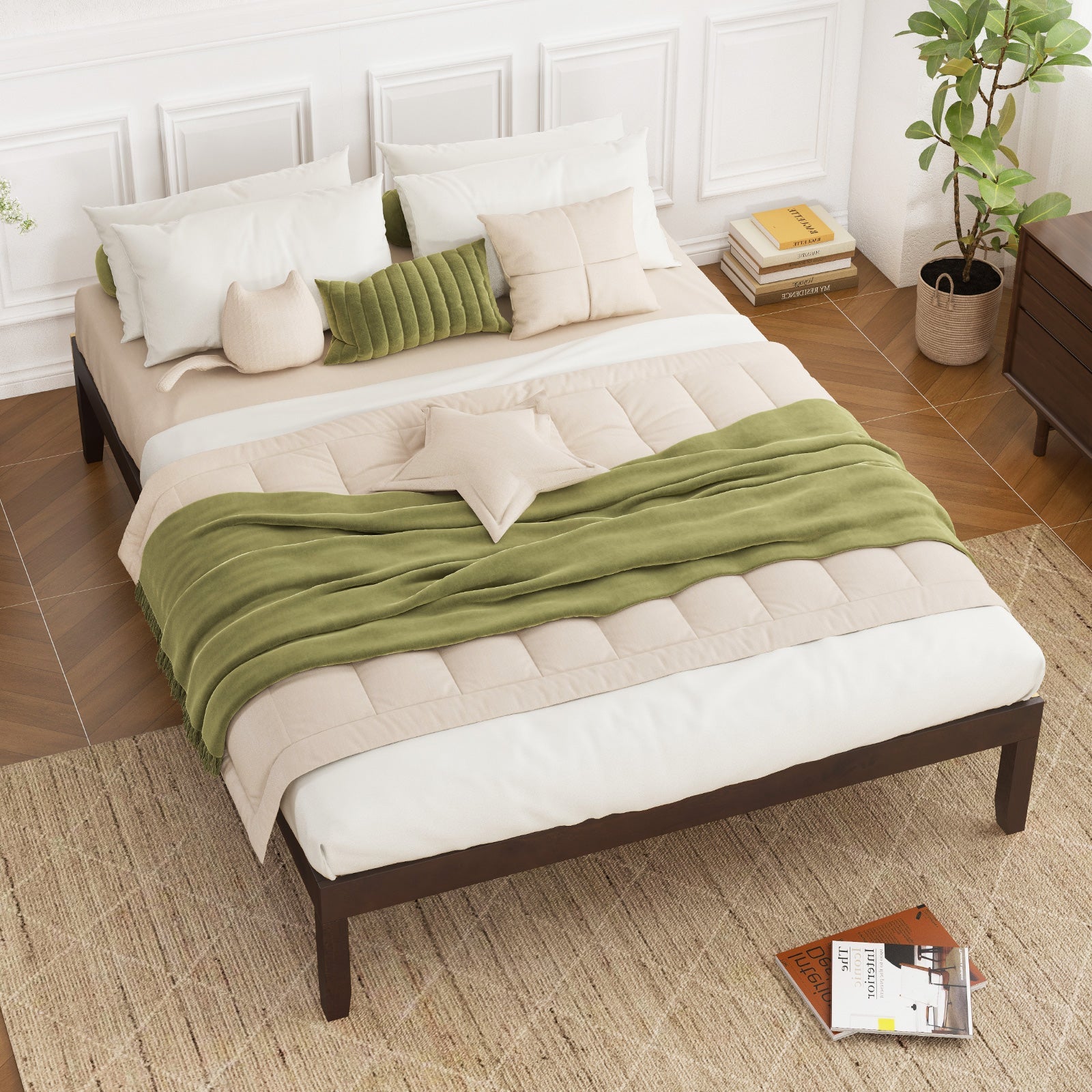 Full Size Wood Bed Frame with Wooden Slats Support and Rubber Wood Legs-Espresso