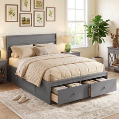 Full Size Wooden Platform Bed Frame with Storage Drawers