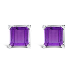 14K White Gold 5x5MM Princess Cut Purple Amethyst Solitaire Stud Earrings