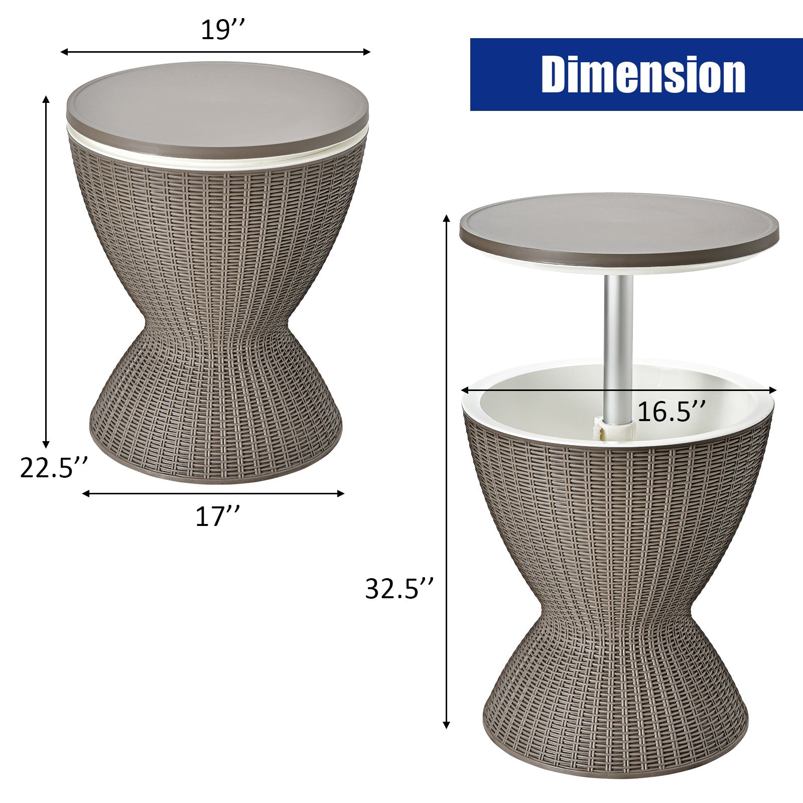 3 in 1 8 Gallon Patio Rattan Cooler Bar Table with Adjust Ice Bucket-Brown