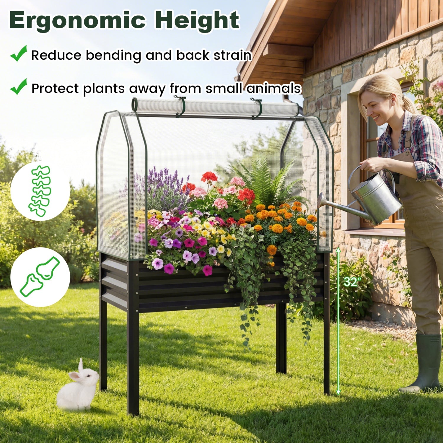 Galvanized Raised Garden Bed with Legs and Greenhouse Cover for Vegetable Flower