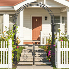 Garden Arbor with Gate with Multiple Side Crossbars and 4 Sharp Ground Stakes-Black