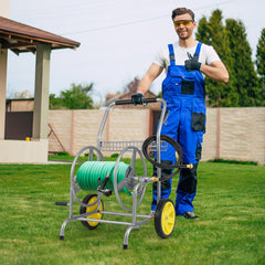 Garden Hose Reel Cart with 2 Wheels and Storage Basket