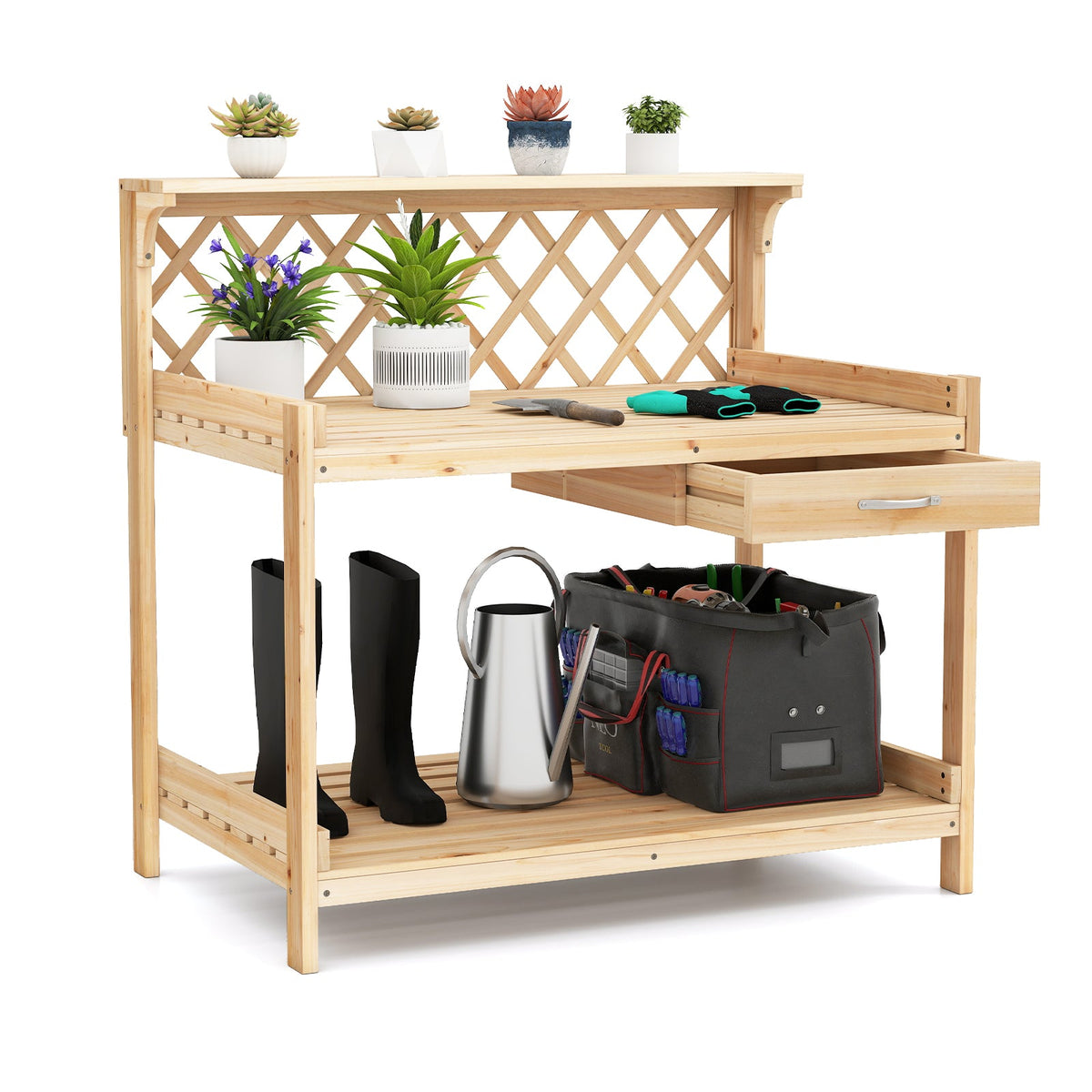 Garden Potting Bench Table Wooden Planting Workstation with Lattice Trellis