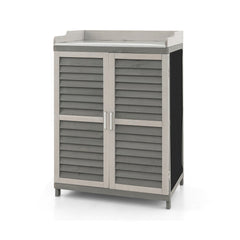 Garden Potting Bench Table with 2 Storage Shelves and Metal Plated Tabletop-Gray