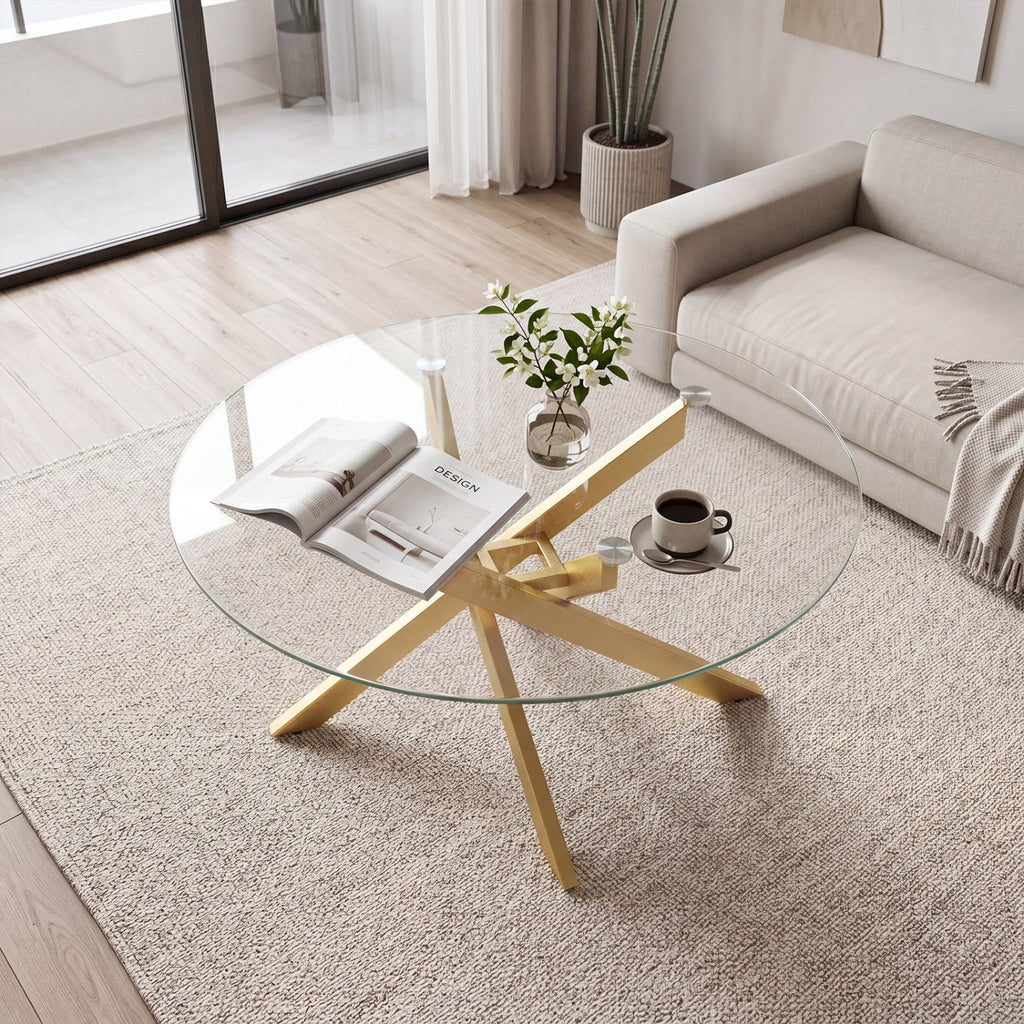 Glass Coffee Table Round Clear Center Table with Tempered Glass Top