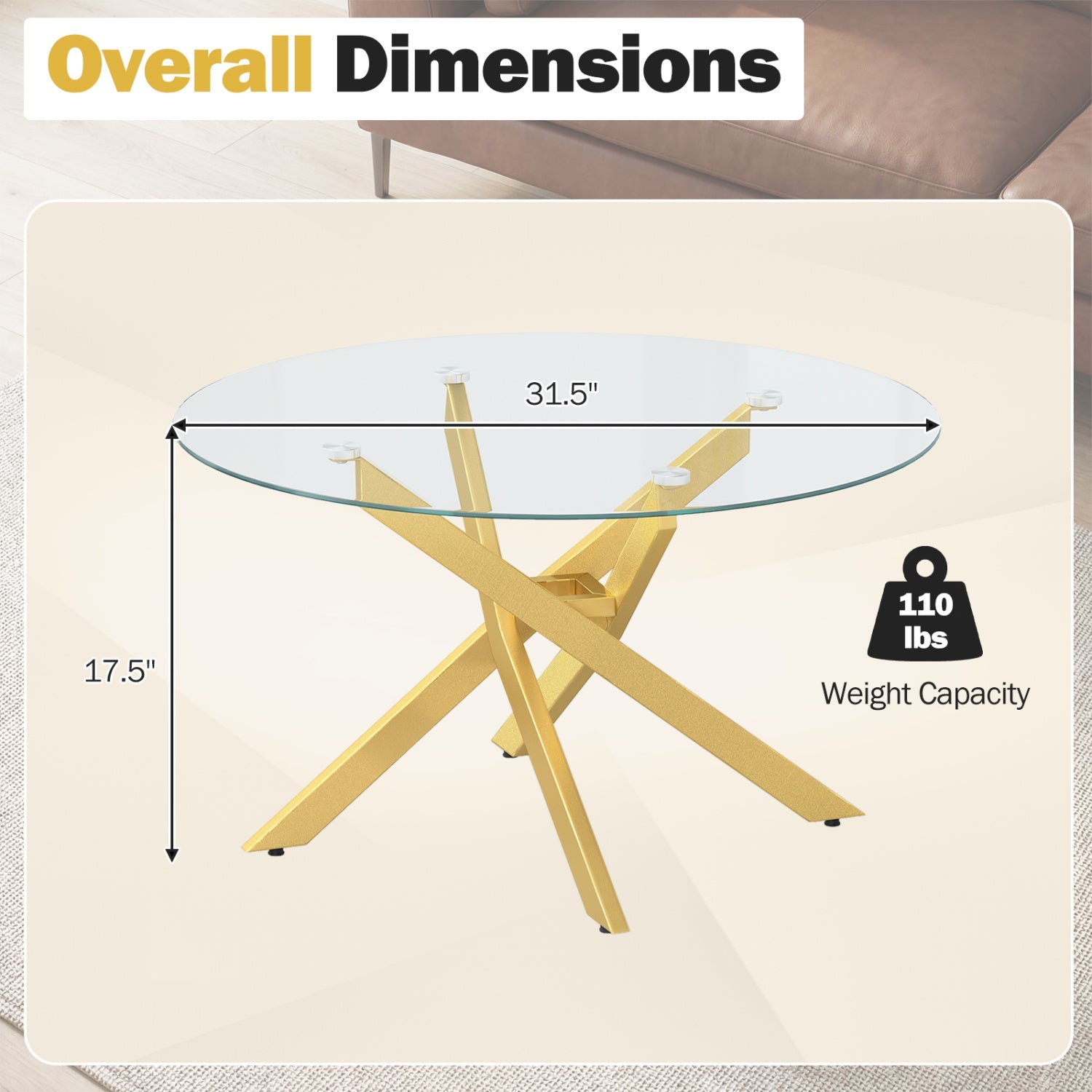Glass Coffee Table Round Clear Center Table with Tempered Glass Top