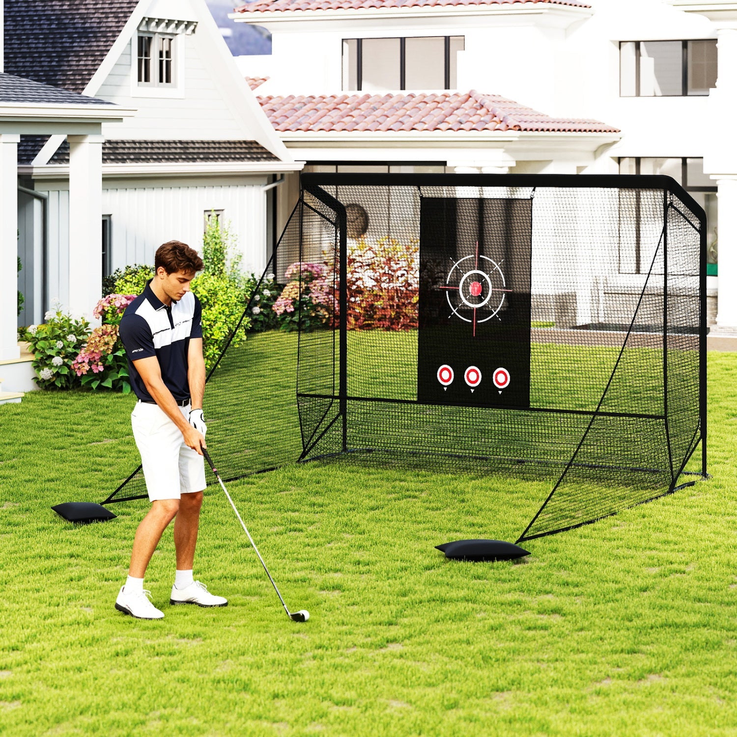 Golf Practice Hitting Net Golf Cage with Dual Side Barriers Target Cloth Metal Frame