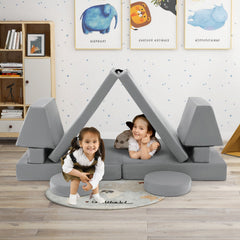 10-Piece Kids Play Couch Sofa with Portable Handle-Gray