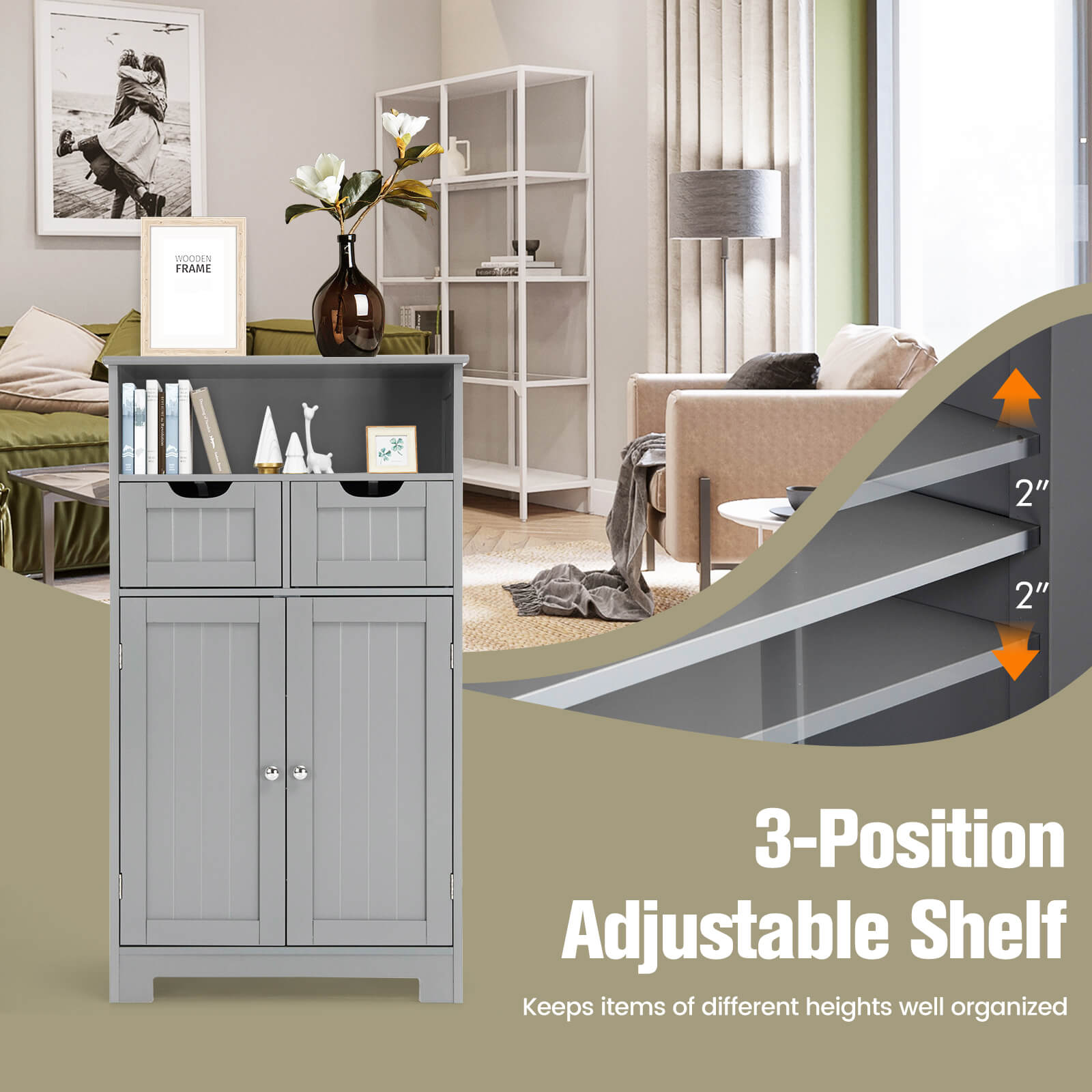 Bathroom Wooden Side Cabinet  with 2 Drawers and 2 Doors-Gray