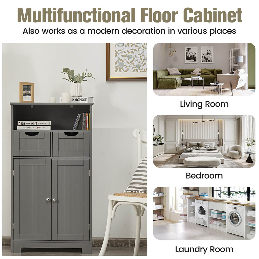 Bathroom Wooden Side Cabinet  with 2 Drawers and 2 Doors-Gray