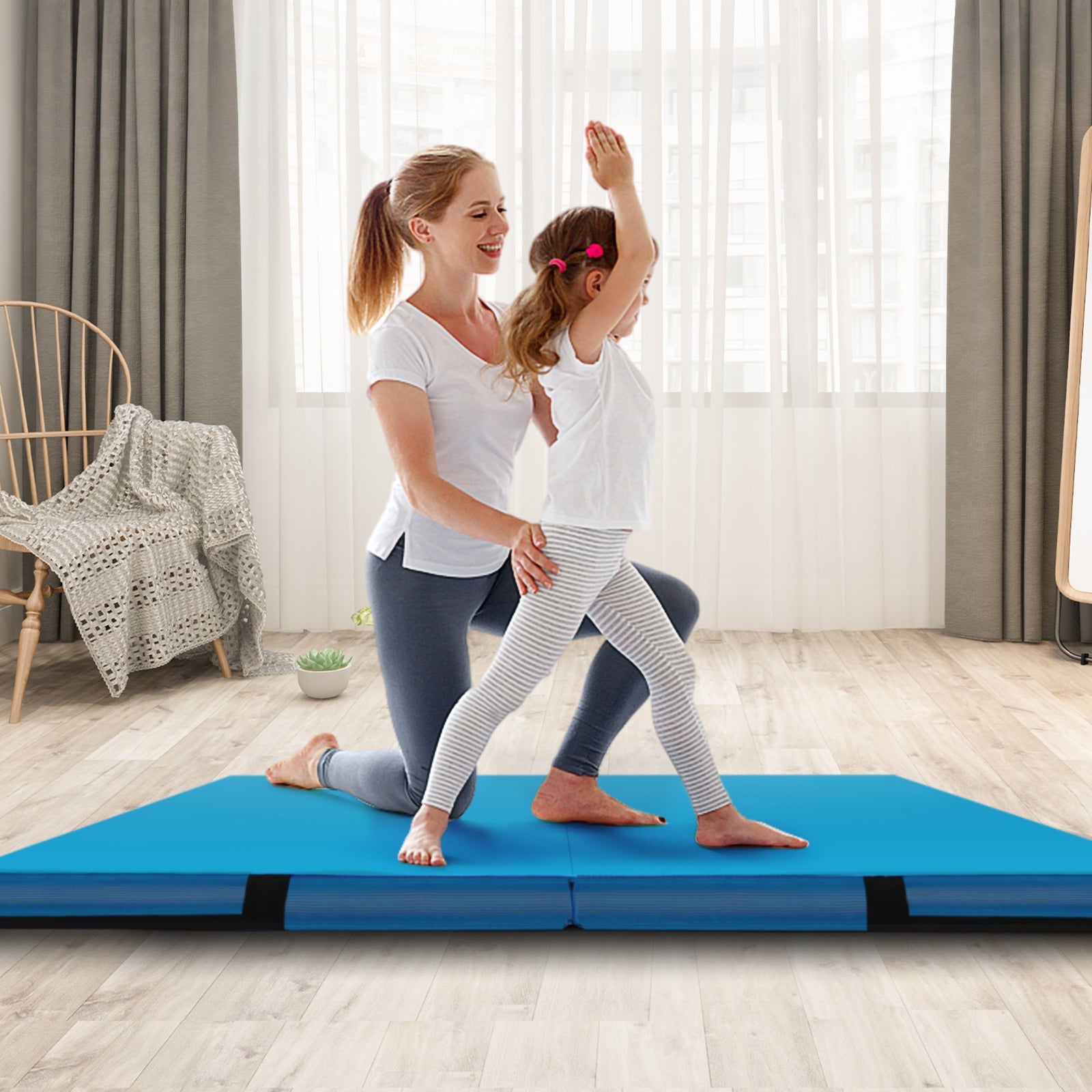 4ft x 4ft x 4in Bi-Folding Gymnastic Tumbling Mat with Handles and Cover-Blue