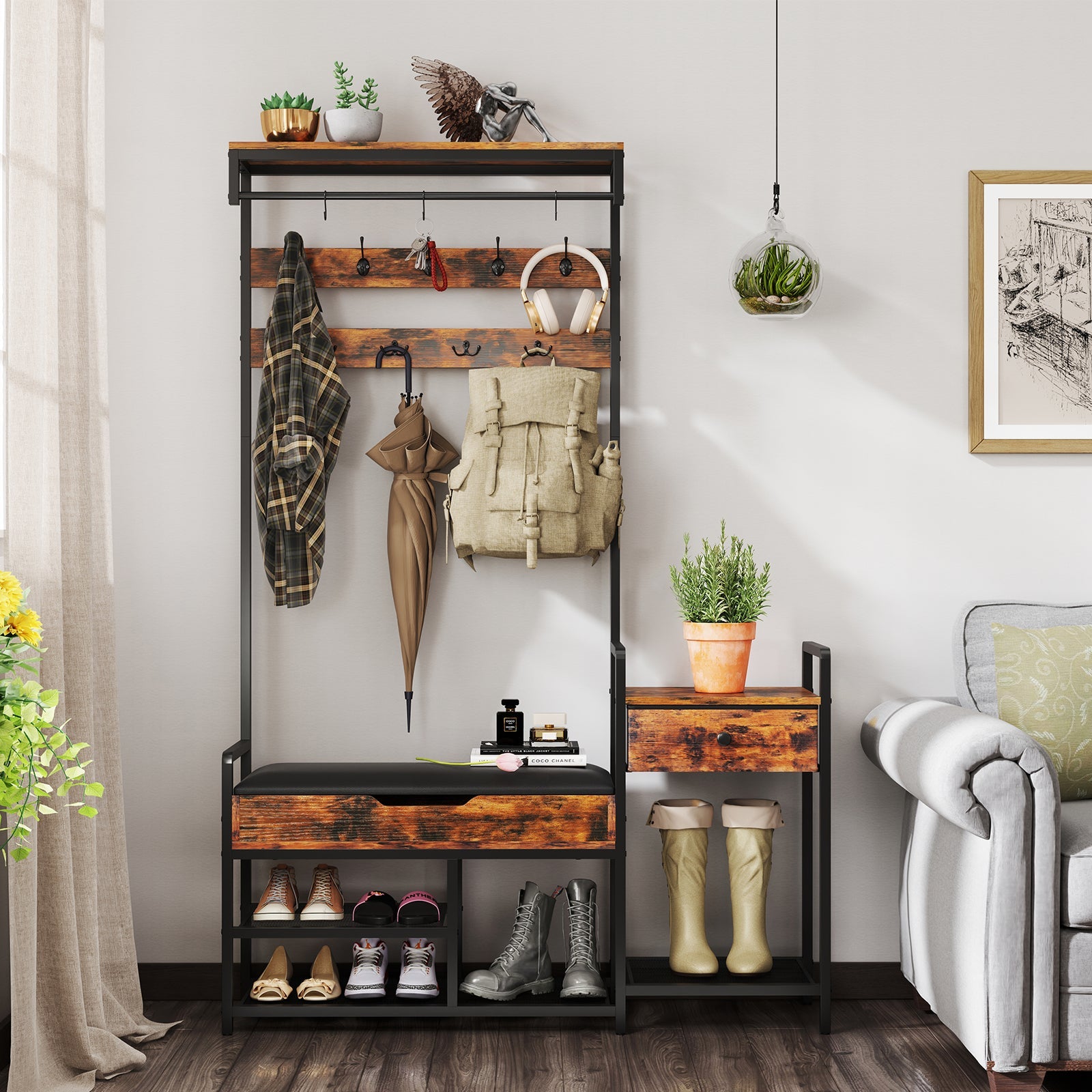 70 Inch Hall Tree with Shoe Storage Bench Freestanding Coat Rack-Rustic Brown