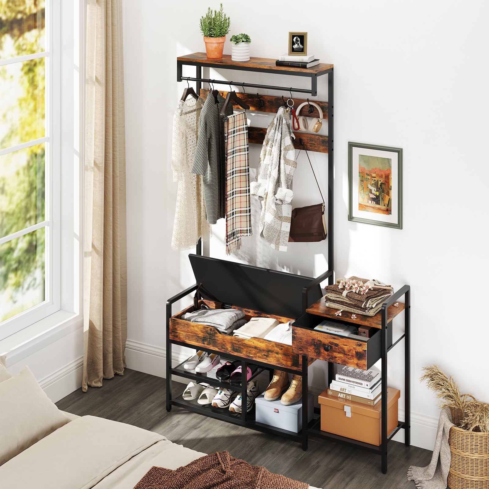 70 Inch Hall Tree with Shoe Storage Bench Freestanding Coat Rack-Rustic Brown