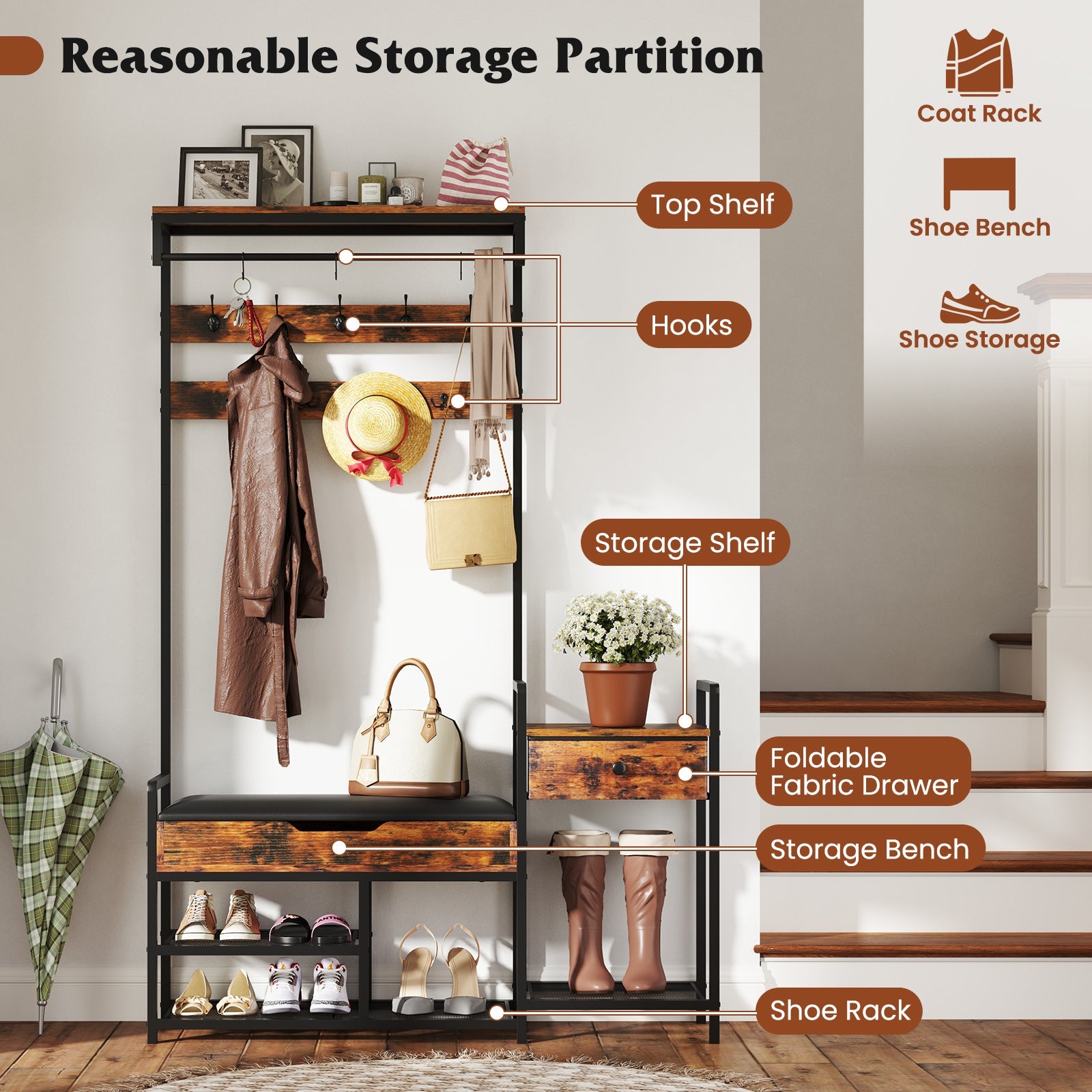 70 Inch Hall Tree with Shoe Storage Bench Freestanding Coat Rack-Rustic Brown