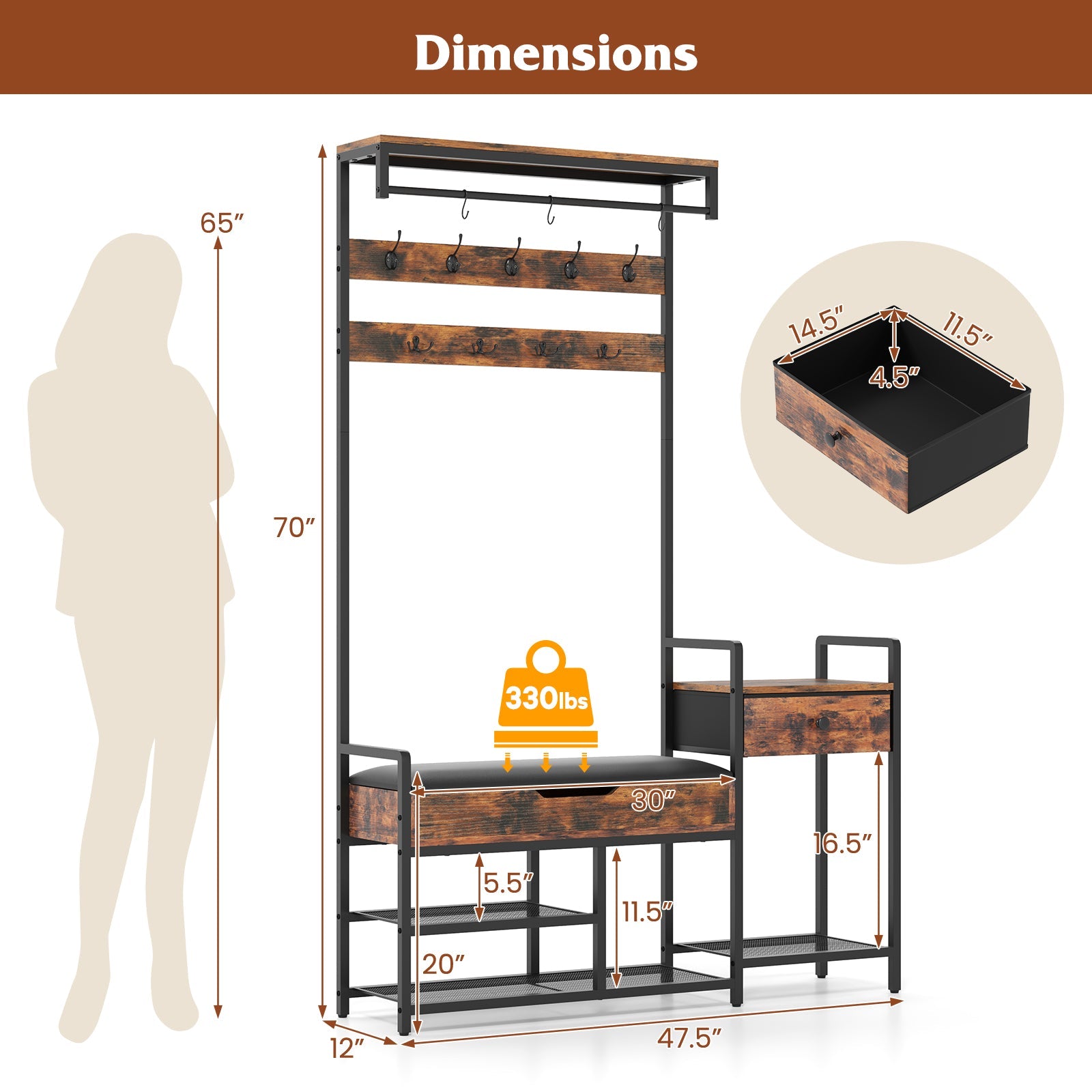 70 Inch Hall Tree with Shoe Storage Bench Freestanding Coat Rack-Rustic Brown