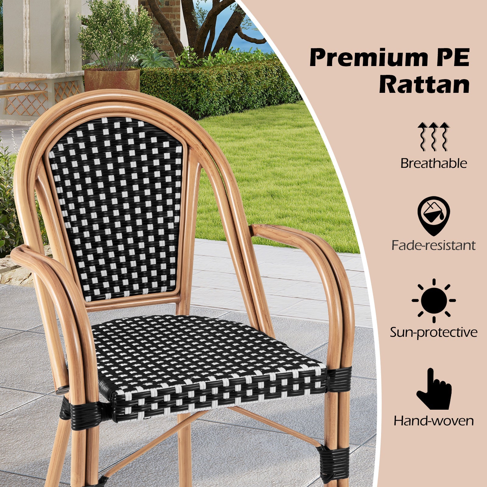 Hand-Woven PE Wicker Outdoor French Bistro Chairs Set of 2-Black