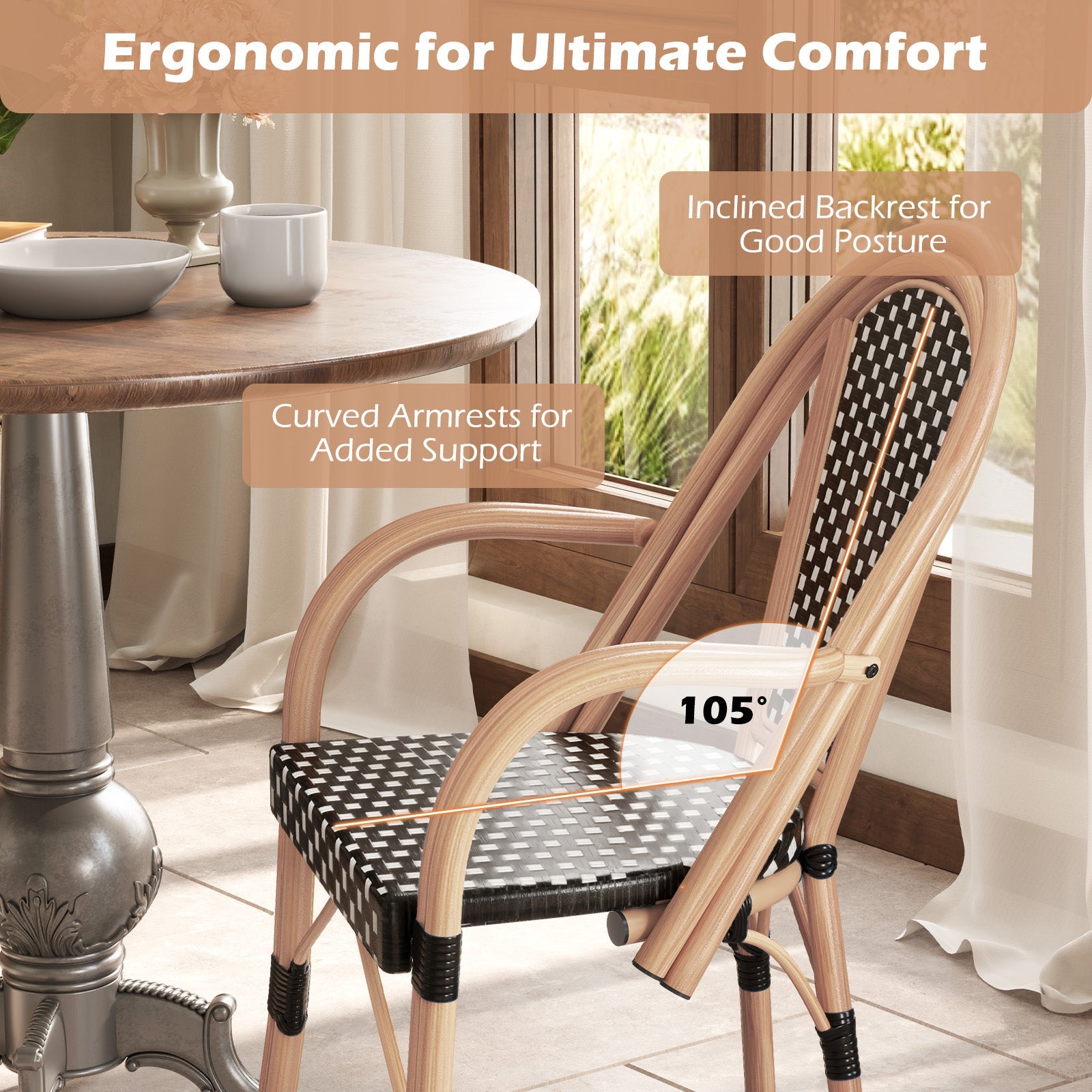 Hand-Woven PE Wicker Outdoor French Bistro Chairs Set of 2-Black