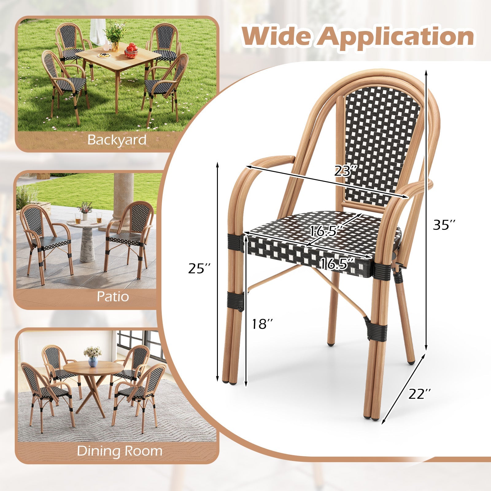 Hand-Woven PE Wicker Outdoor French Bistro Chairs Set of 2-Black