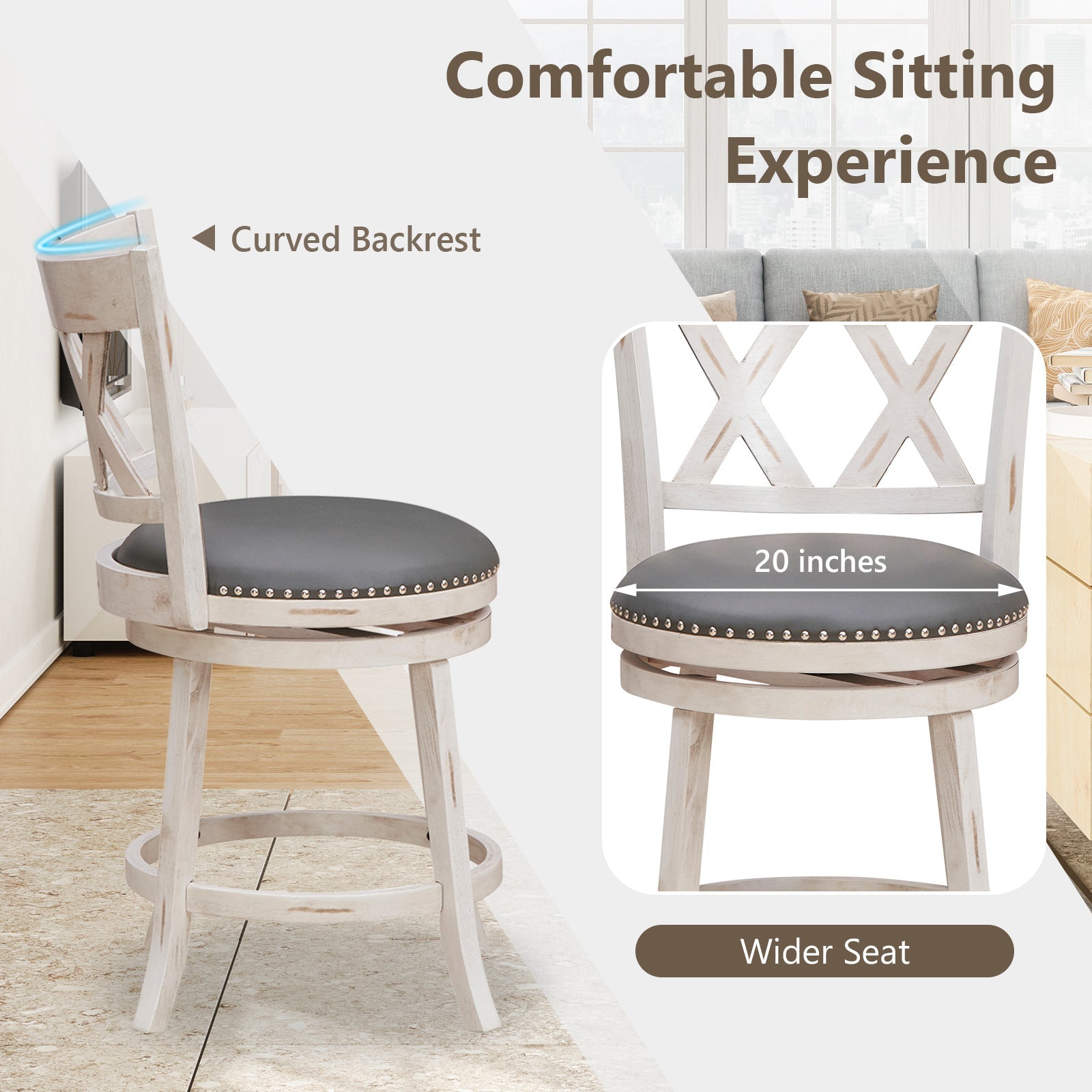 25.5 Inch Hand-Antiqued Stool Set of 2 with Wider Padded Seat-White