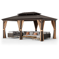 12' x 20' Double-Roof Hardtop Gazebo with Galvanized Steel Roof-Coffee