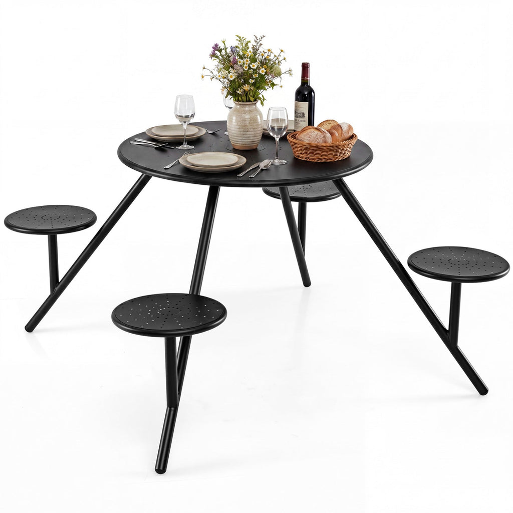 Round Picnic Table for 4 with Umbrella Hole and Iron Seats