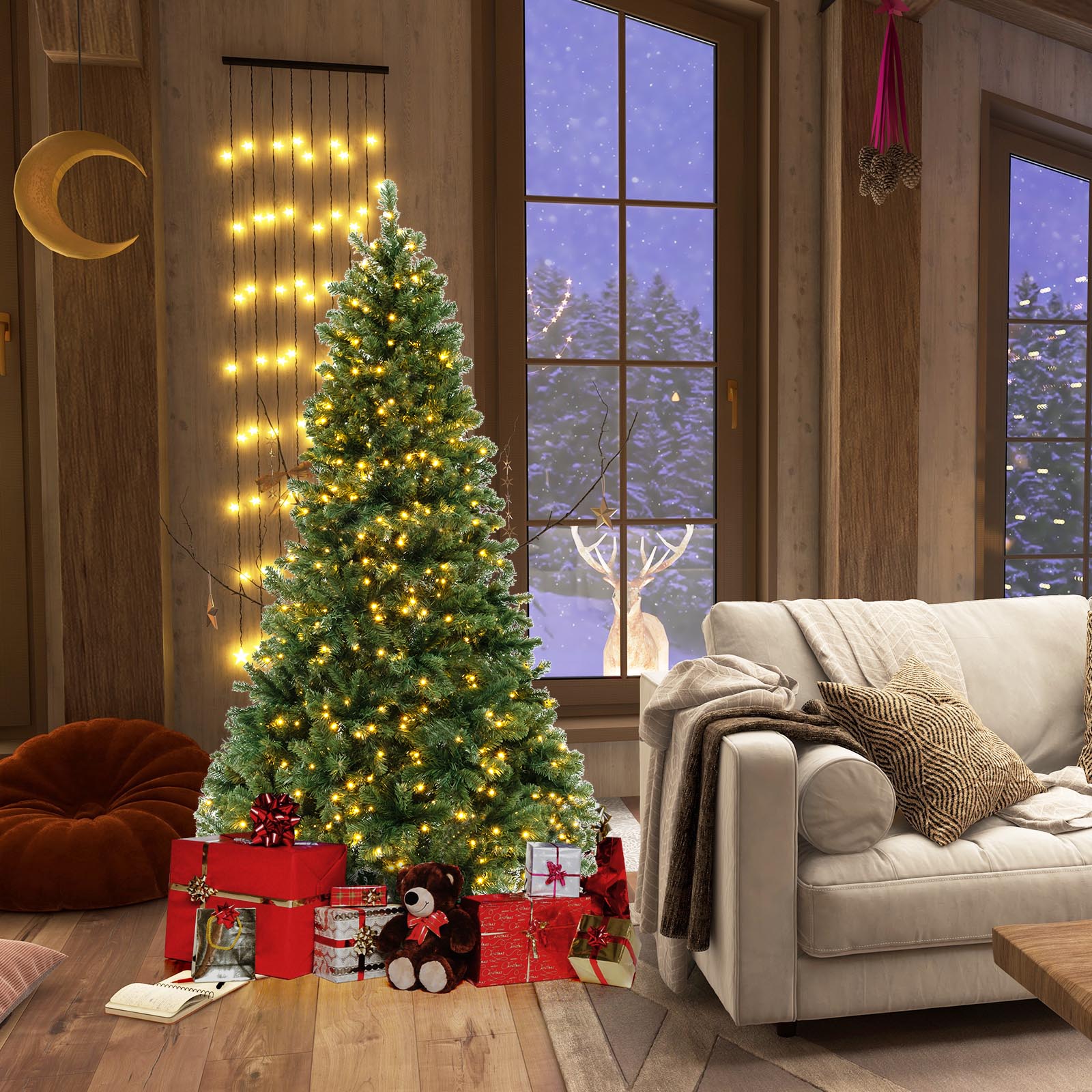 6/7/8 Feet Hinged Christmas Tree with PVC Branch Tips Warm White LED Lights-6 ft
