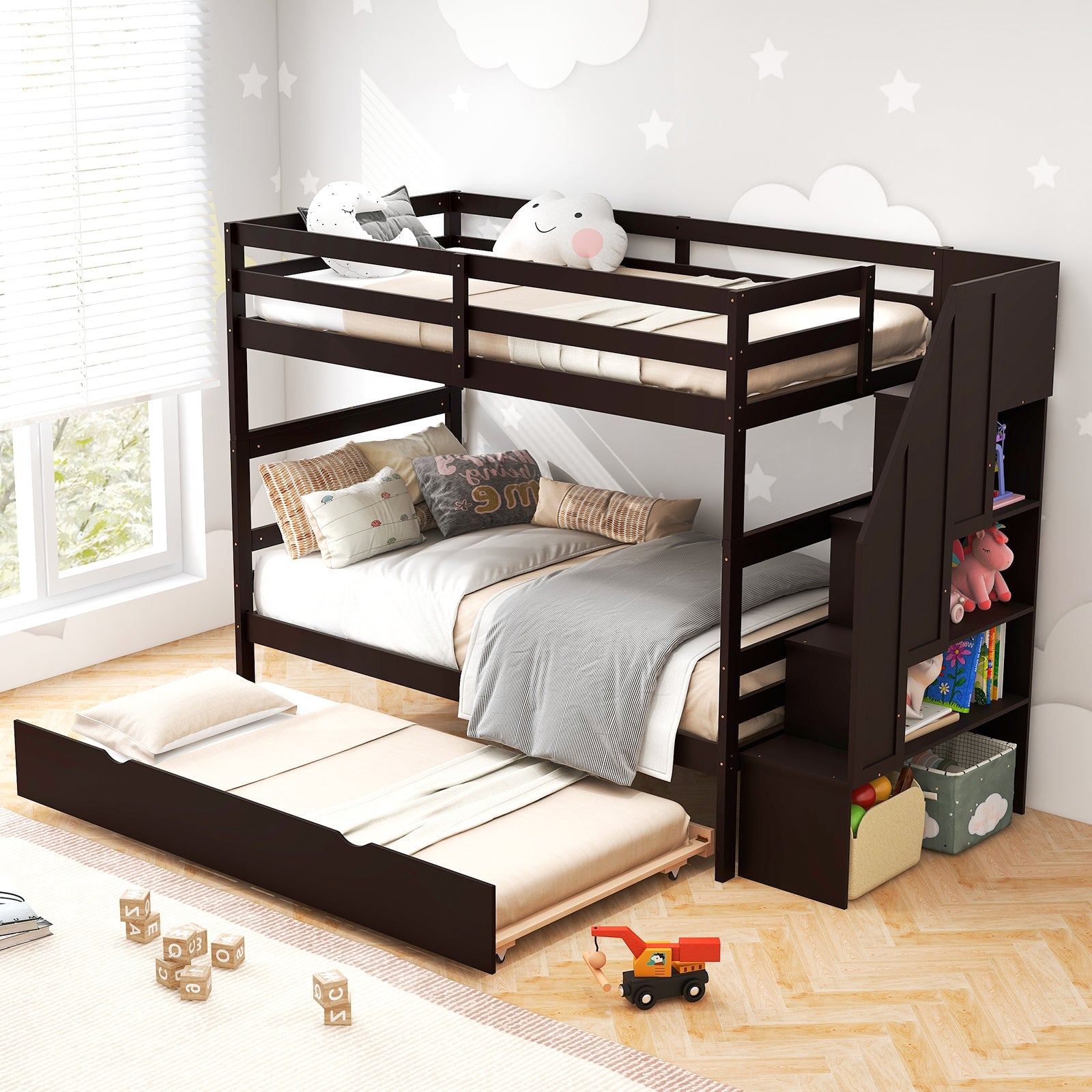 Home Wood Bunk Bed with Guard Rail and 4-step Storage Stairs No Box Spring Needed-Brown