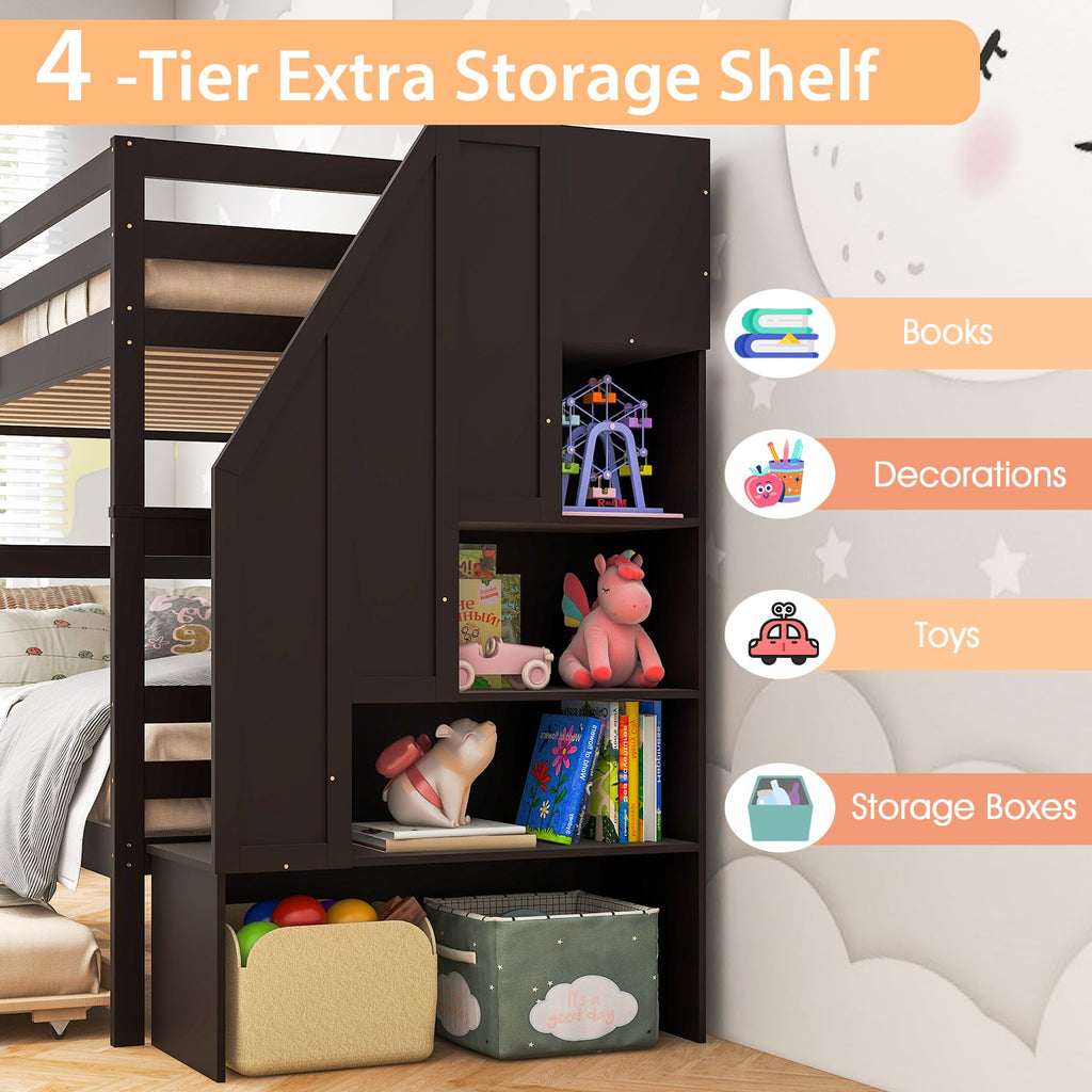 Home Wood Bunk Bed with Guard Rail and 4-step Storage Stairs No Box Spring Needed-Brown