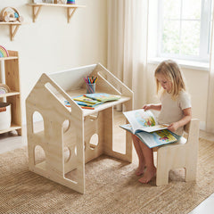 House-shaped Wooden Activity Kids Table Chair Set-Natural