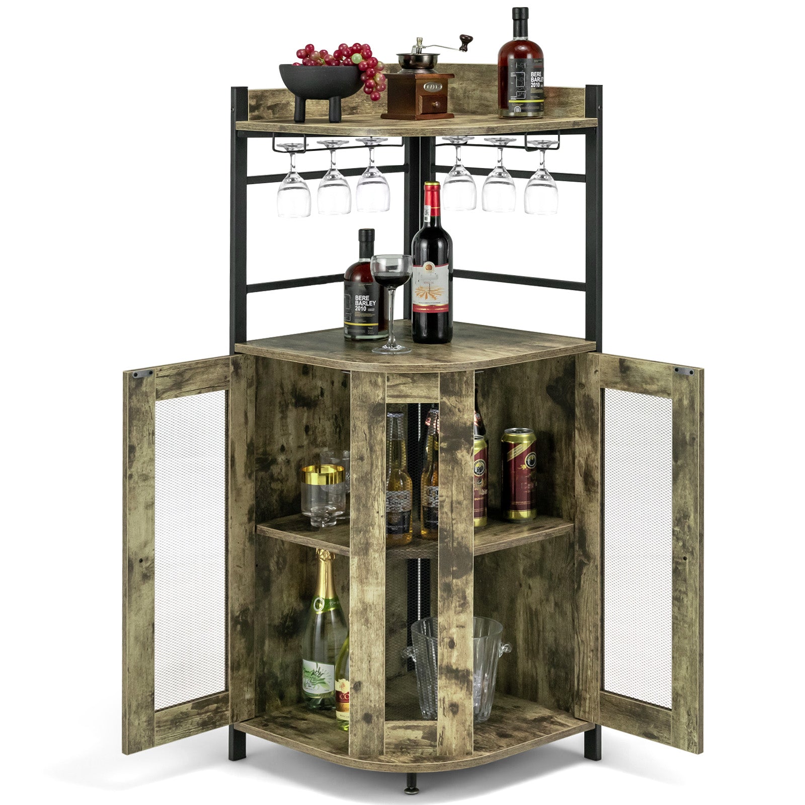Corner Bar Cabinet with Glass Holder and Adjustable Shelf