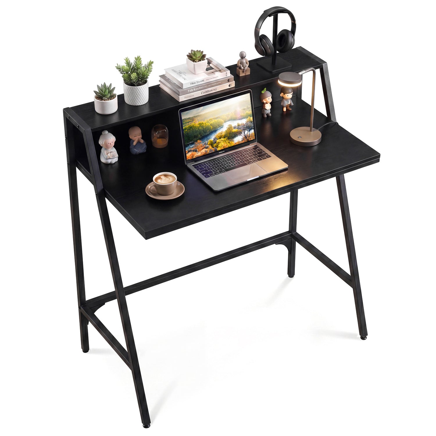 31.5" Industrial Desk with Raised Shelf Metal Frame