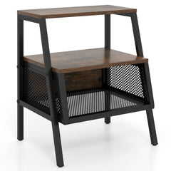 Industrial Nightstand 3-Tier End Table with 2 Open Shelves and Metal Mesh Compartment-Rustic Brown
