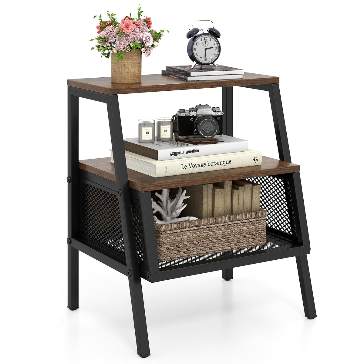 Industrial Nightstand 3-Tier End Table with 2 Open Shelves and Metal Mesh Compartment-Rustic Brown