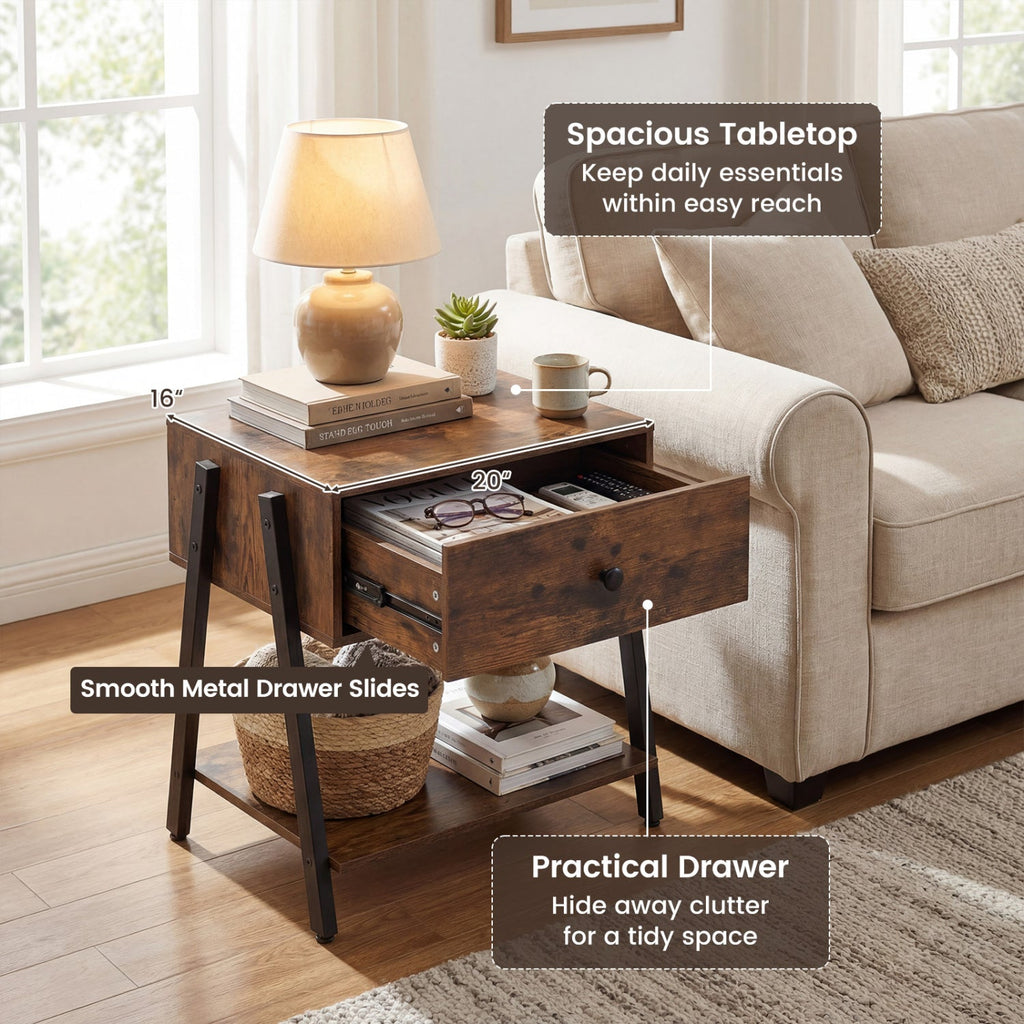 Industrial Nightstand with Drawer and Adjustable Feet