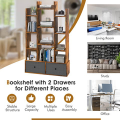 12-Tier Open-Back Freestanding Bookshelf with Drawer